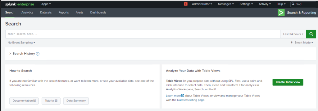 Search & reporting page in Splunk